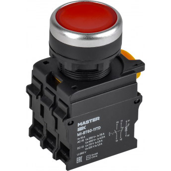 Кнопка с подсветкой и фиксацией IEK MASTER MI-BT60-11TD-3-11-K04 d=22мм 1NO+1NC красная