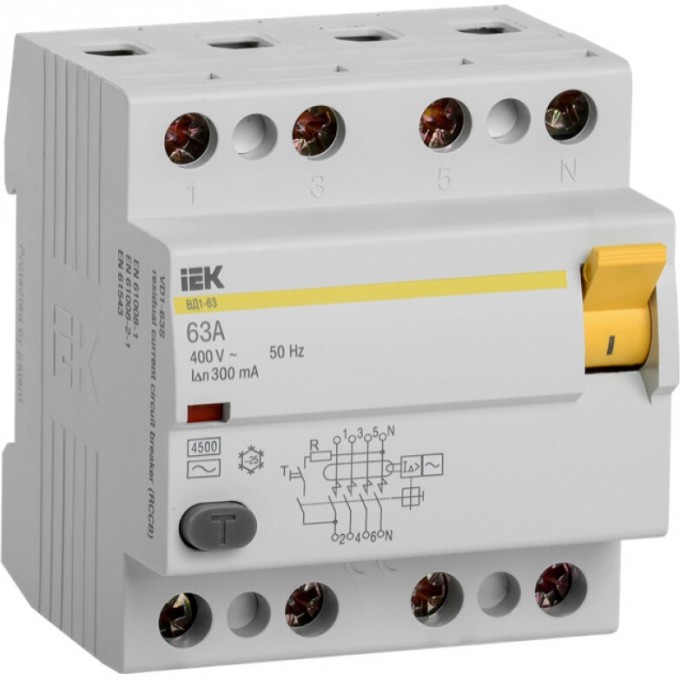 Выключатель дифференциальный (УЗО) IEK ВД1-63 4Р 63А 300мА - MDV10-4-063-300 Выключатель дифференциальный (УЗО) IEK ВД1-63 4Р 63А 300мА - MDV10-4-063-300